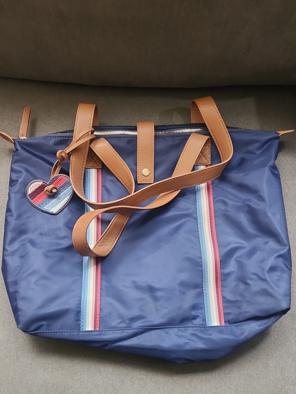 Navy Tote with Tan Trim and Rainbow Stripe Details